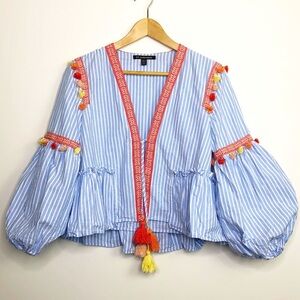 ZARA TRF Outerwear Blue and white striped tasseled BoHo kimono